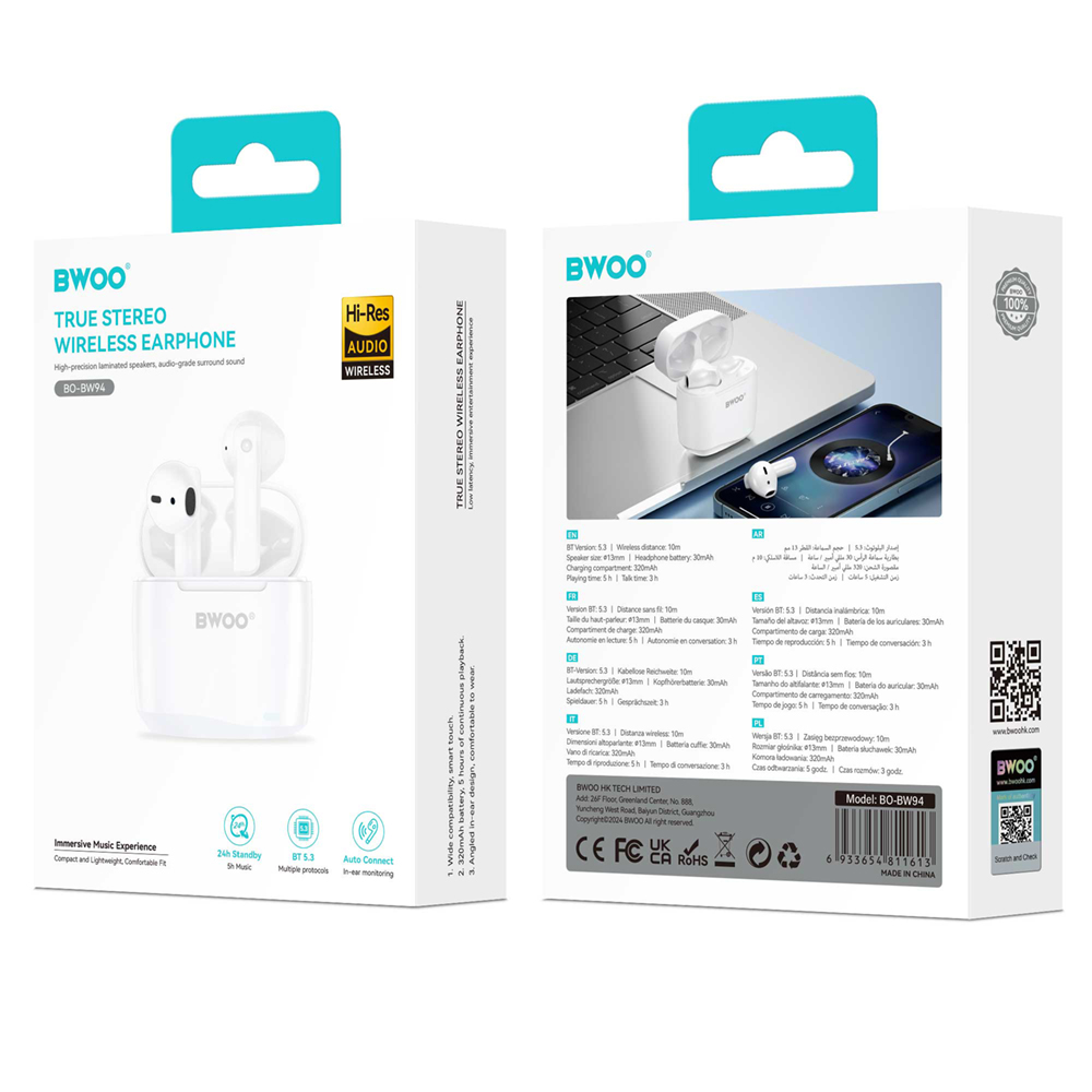 Auriculares Bluetooth BWOO BW94, TWS, Branco