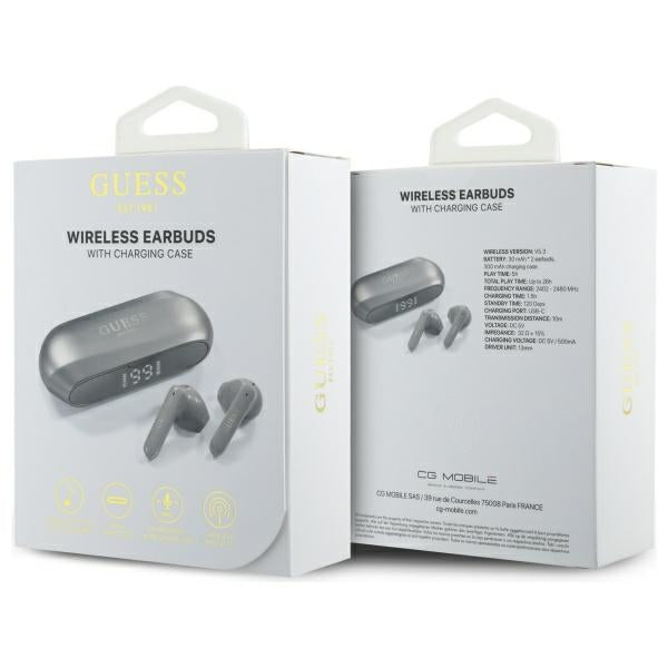 Handsfree Bluetooth Guess Alongado com Logo Metálico Impresso, TWS, Cinzento