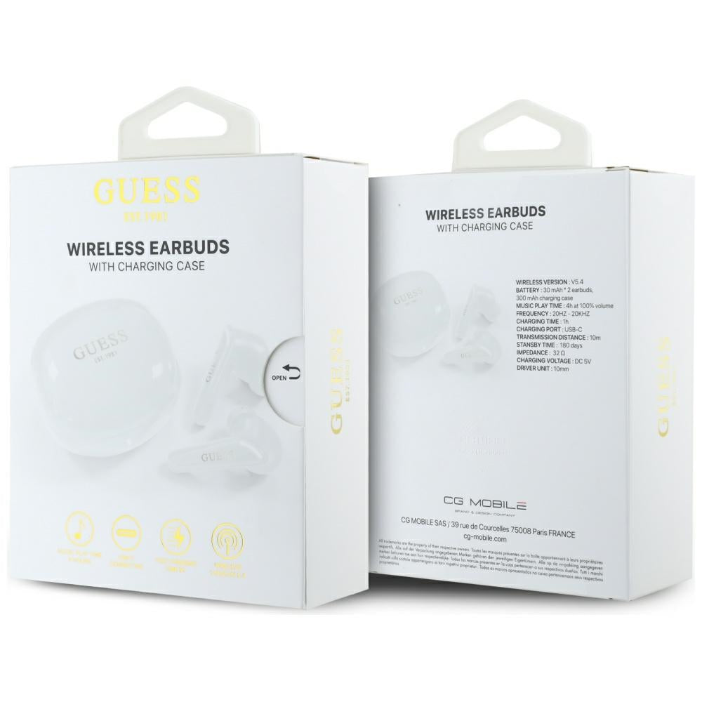 Handsfree Bluetooth Guess Flat Classic Logo Electroplated, TWS, Branco