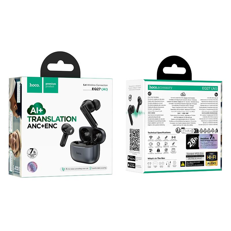 Auricular Bluetooth HOCO EQ27 AI Translation, TWS, ANC, Cinzento