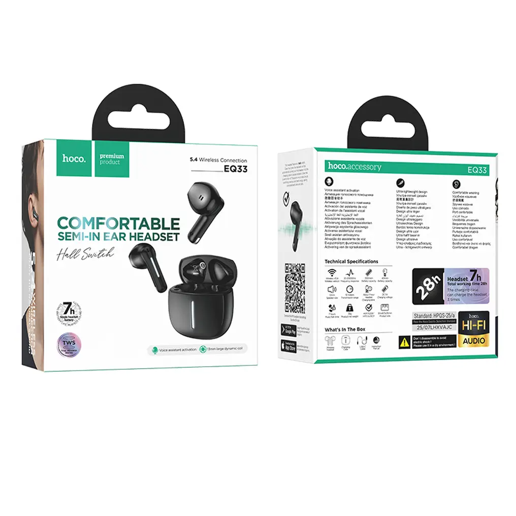 Handsfree Bluetooth HOCO EQ33, TWS, Preto