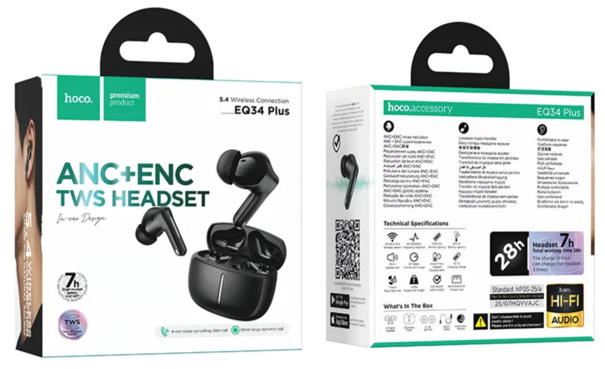 Auriculares Bluetooth HOCO EQ34 Plus, TWS, ANC, Preto