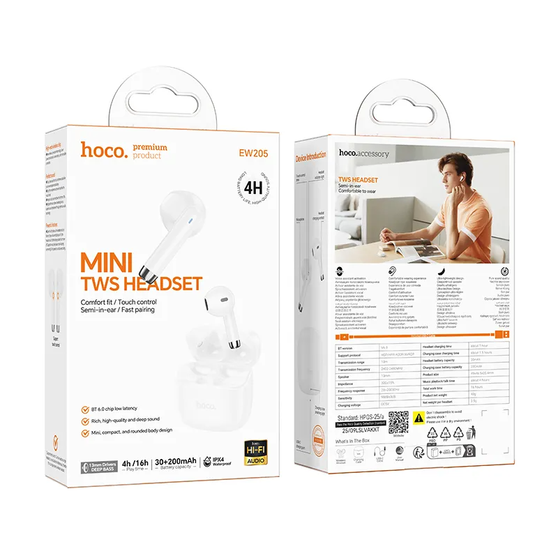 Auricular Bluetooth HOCO EW205, TWS, Branco