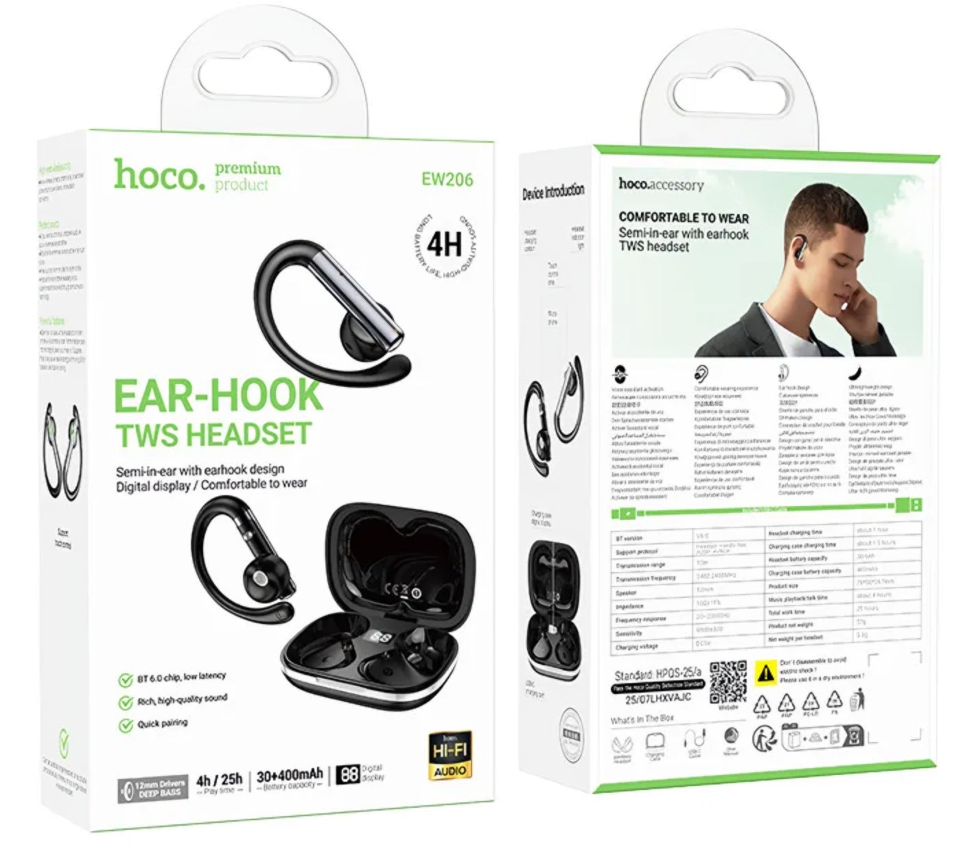 Handsfree Bluetooth HOCO EW206, TWS, Preto