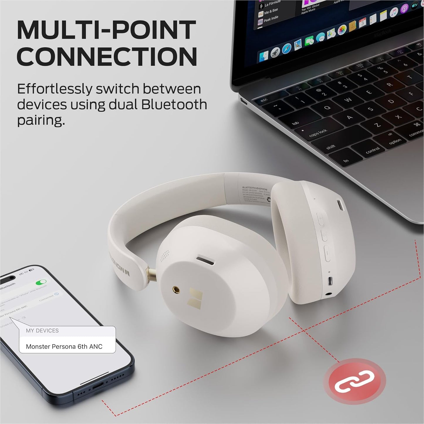 Handsfree Bluetooth Monster Persona 6th, MultiPoint, A2DP, ANC, Branco