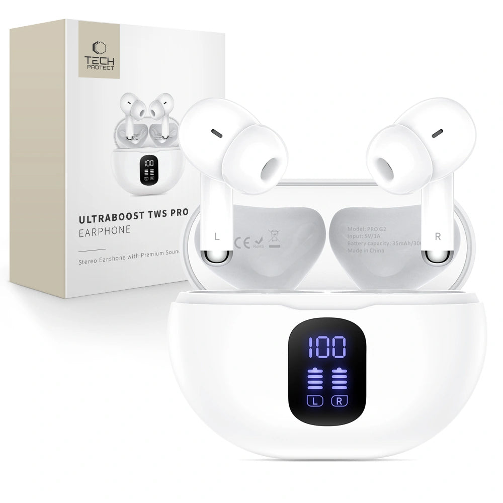 Auricular Bluetooth Tech-Protect Ultraboost Pro G2, TWS, Branco