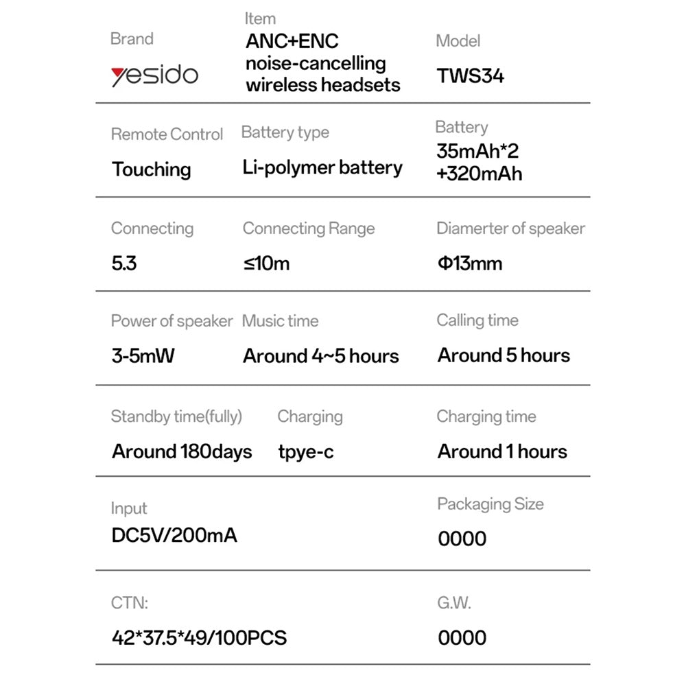 Handsfree Bluetooth Yesido TWS34, TWS, ANC, Branco