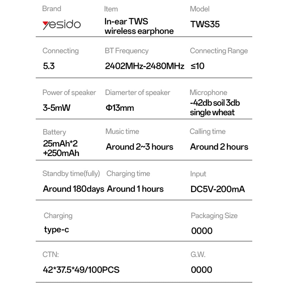 Handsfree Bluetooth Yesido TWS35, TWS, Branco