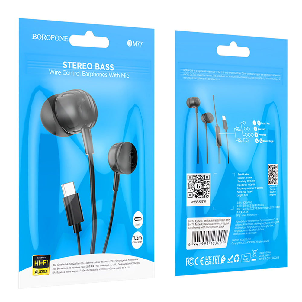 Handsfree USB-C Borofone BM77 Delicious, Preto