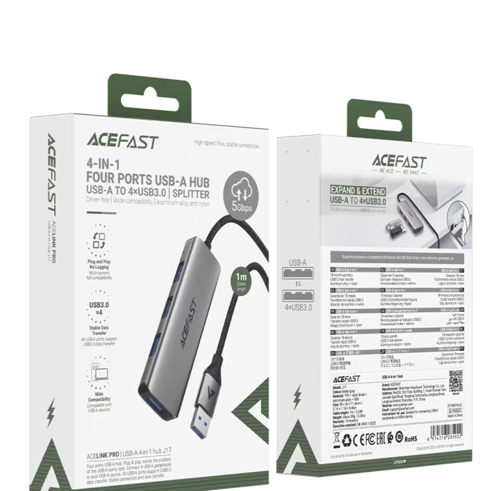 Acefast J17 USB Hub, 4in1, Gray