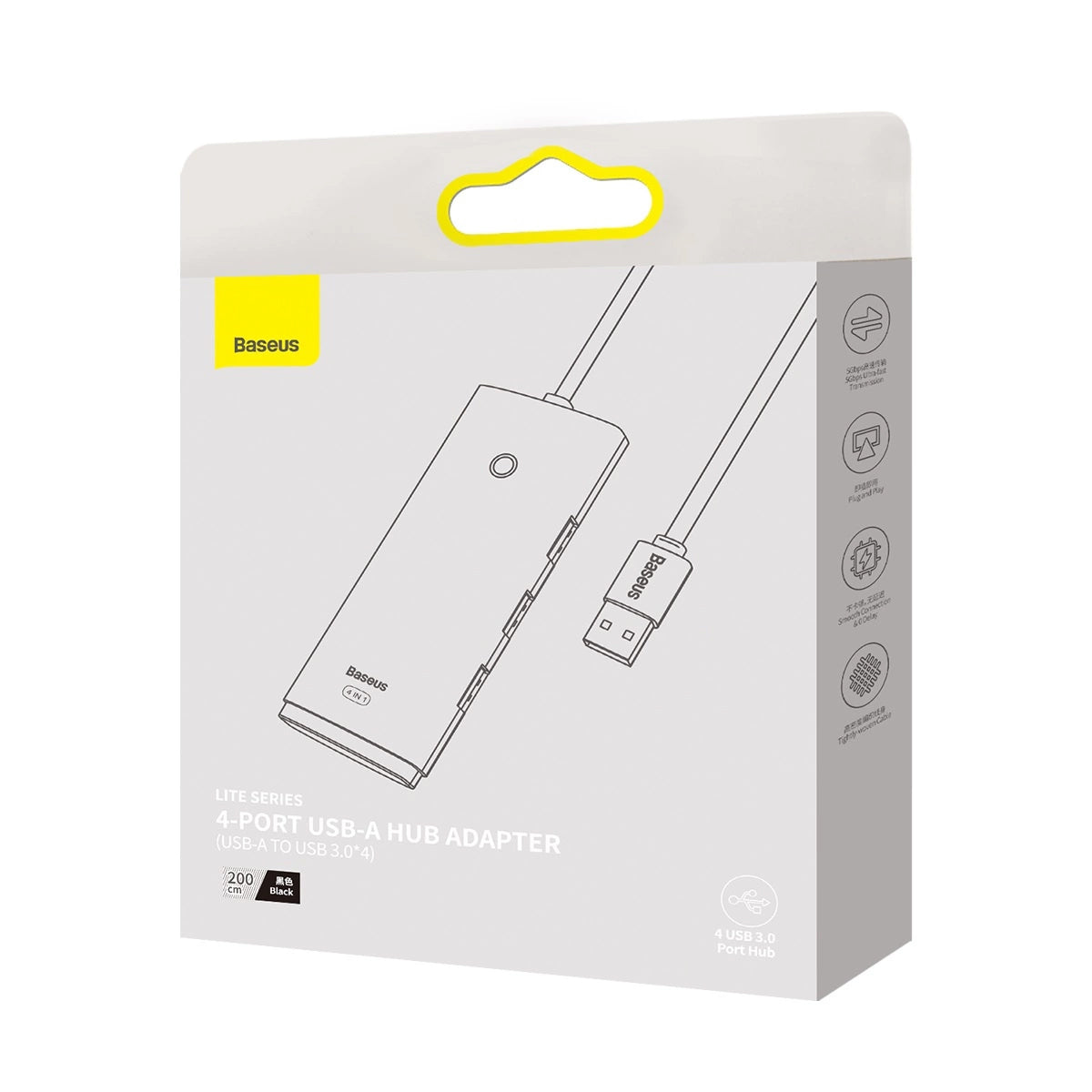 Hub USB Baseus Lite, 4 x USB-A 3.0 - 1 x USB-C, 2m, Preto WKQX030201