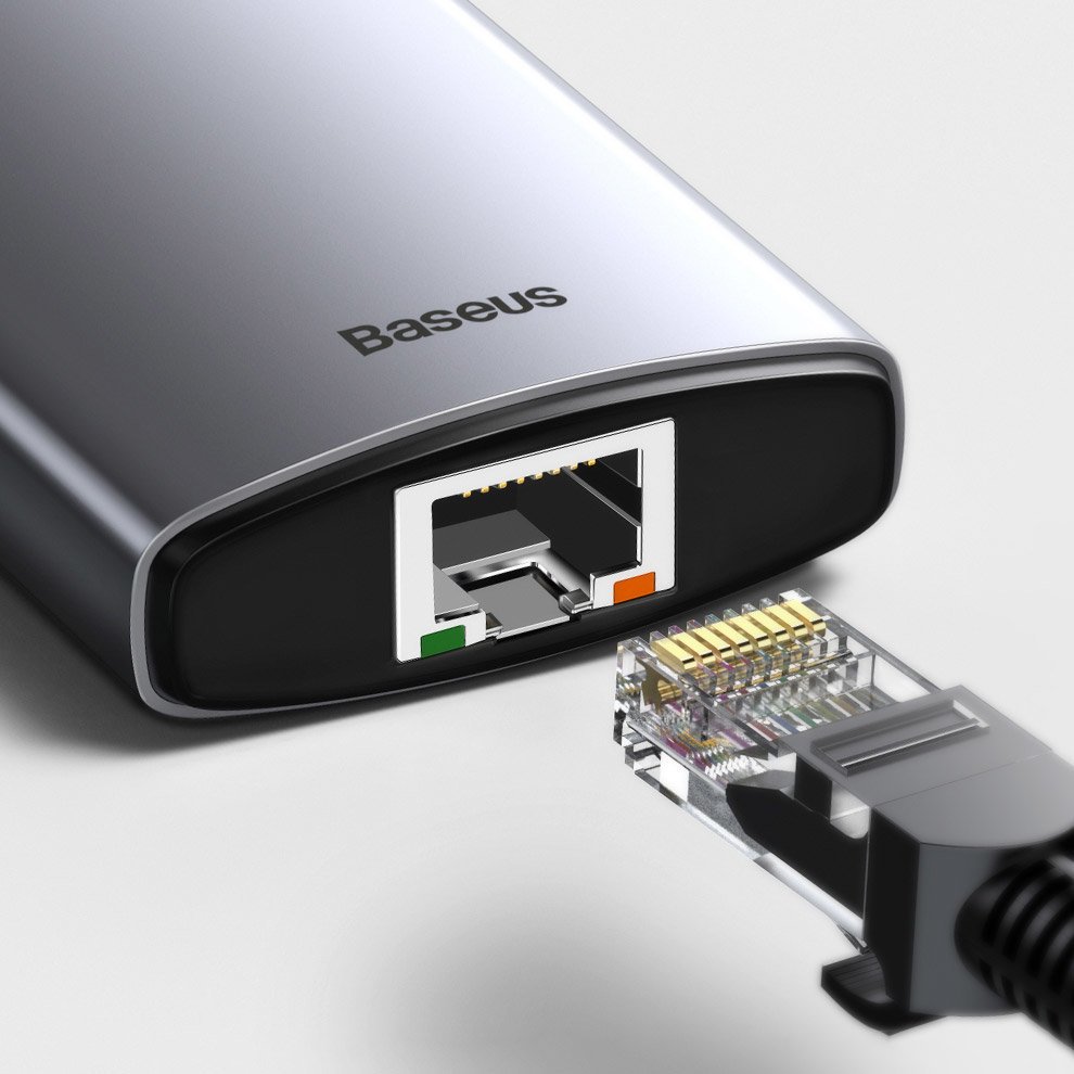 Hub USB-C Baseus, 3 x USB-A 3.0 - 1 x USB-C - 1 x HDMI - 1 x RJ45 - 1 x SD - 1 x microSD, Cinzento CAHUB-CV0G