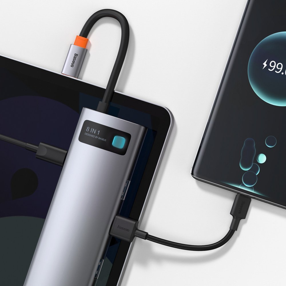 Hub USB-C Baseus, 3 x USB-A 3.0 - 1 x USB-C - 1 x HDMI - 1 x RJ45 - 1 x SD - 1 x microSD, Cinzento CAHUB-CV0G