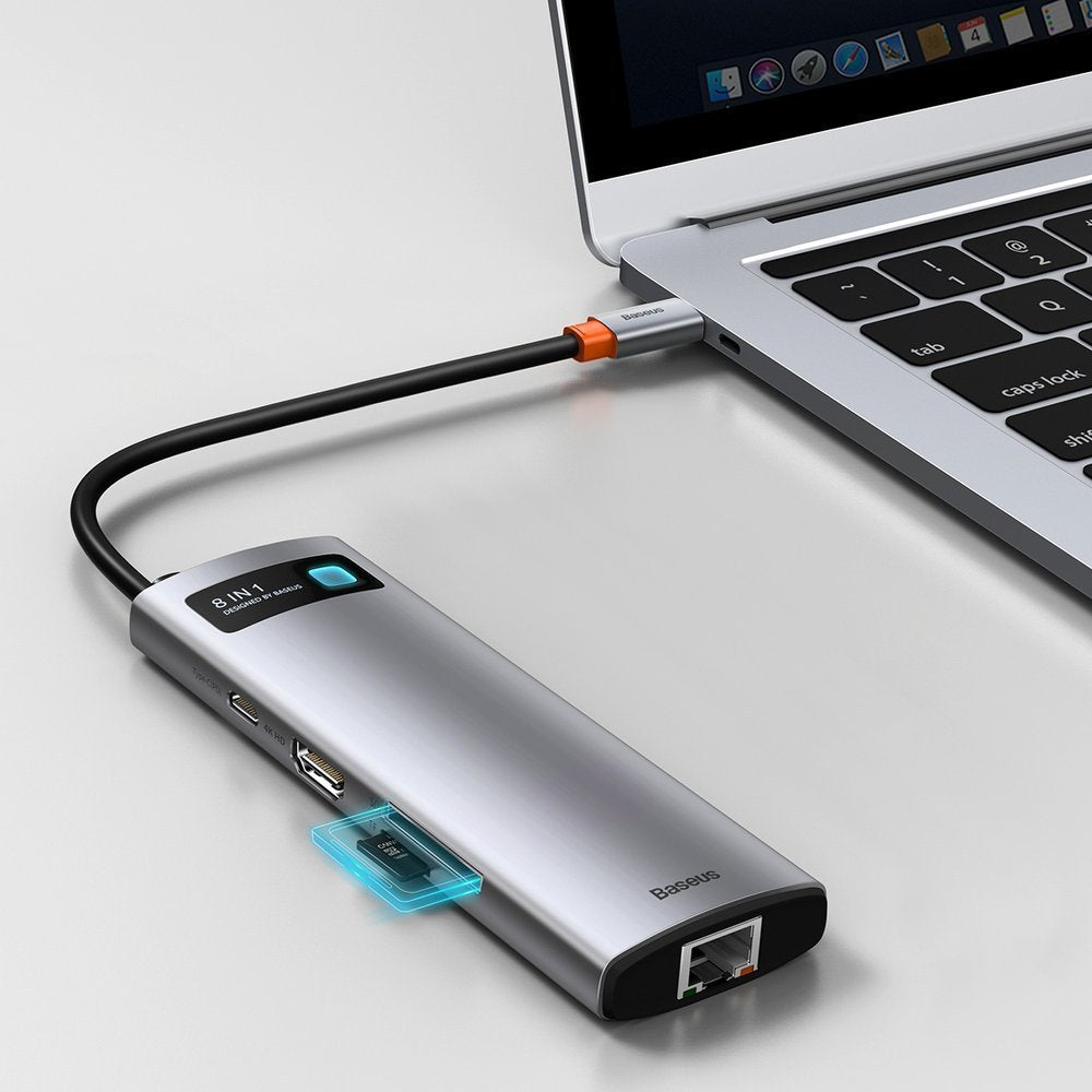 Hub USB-C Baseus, 3 x USB-A 3.0 - 1 x USB-C - 1 x HDMI - 1 x RJ45 - 1 x SD - 1 x microSD, Cinzento CAHUB-CV0G
