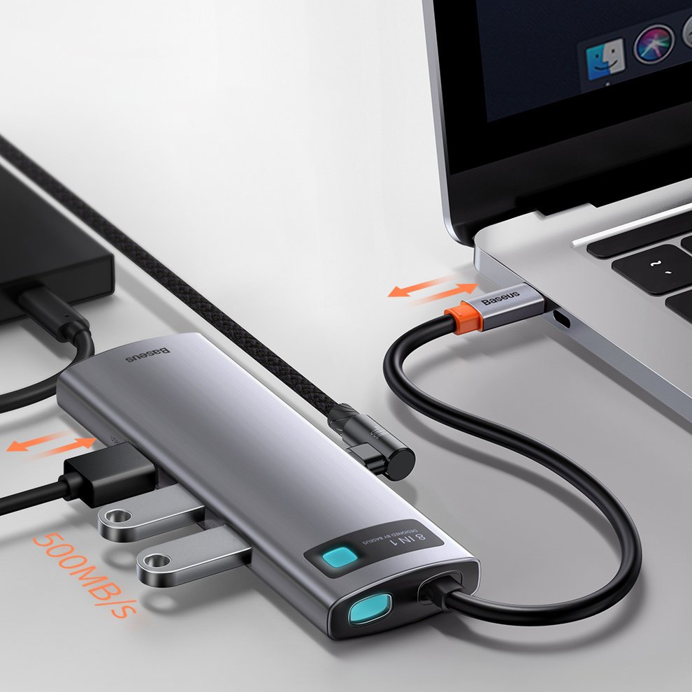 Hub USB-C Baseus, 3 x USB-A 3.0 - 1 x USB-C - 1 x HDMI - 1 x RJ45 - 1 x SD - 1 x microSD, Cinzento CAHUB-CV0G