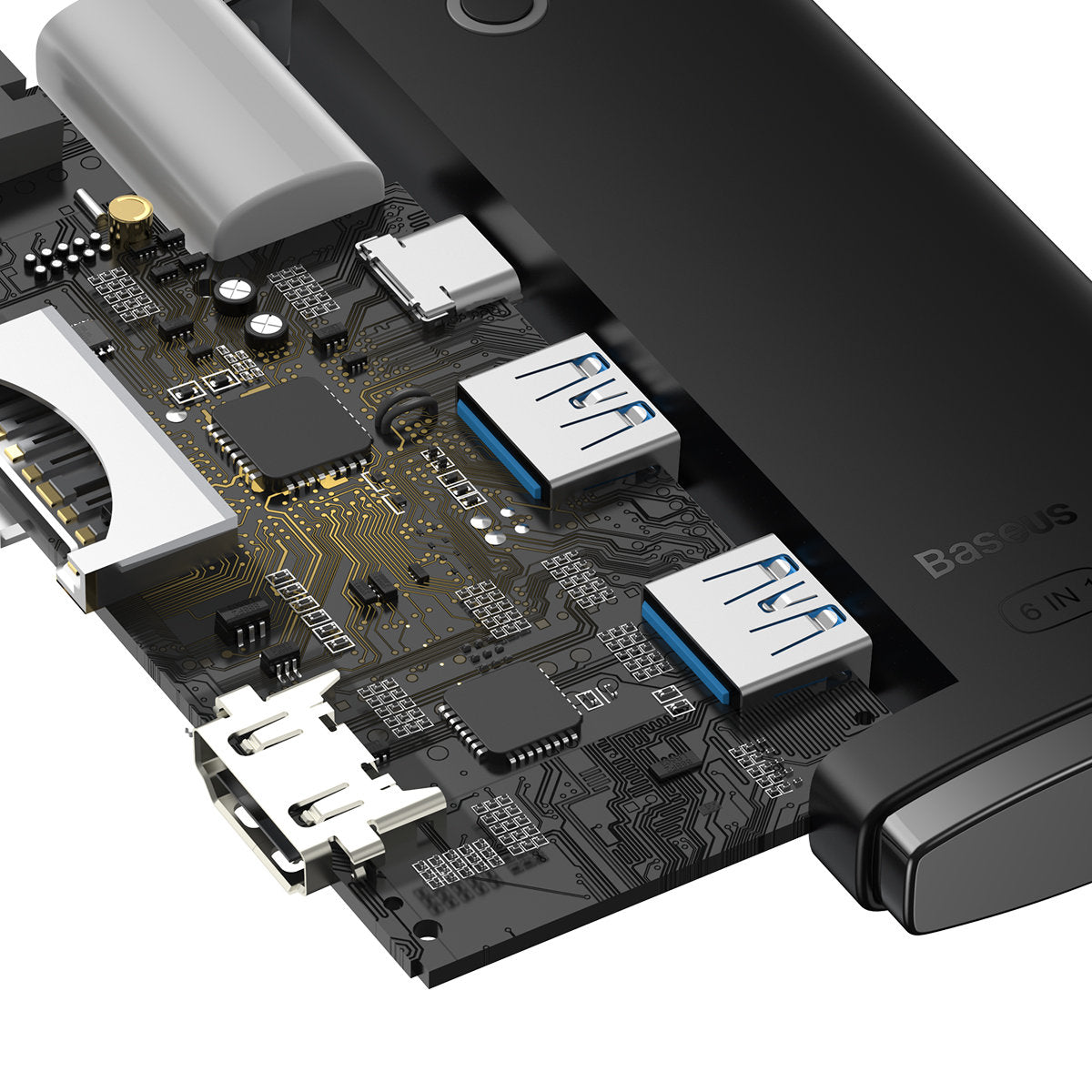 Hub USB-C Baseus, 2 x USB-A 3.0 - 1 x USB-C - 1 x HDMI - 1 x SD - 1 x microSD, Preto WKQX050001