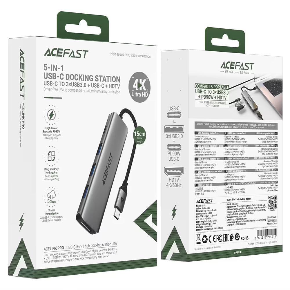 Hub USB-C Acefast J16, 5 em 1, Cinzento