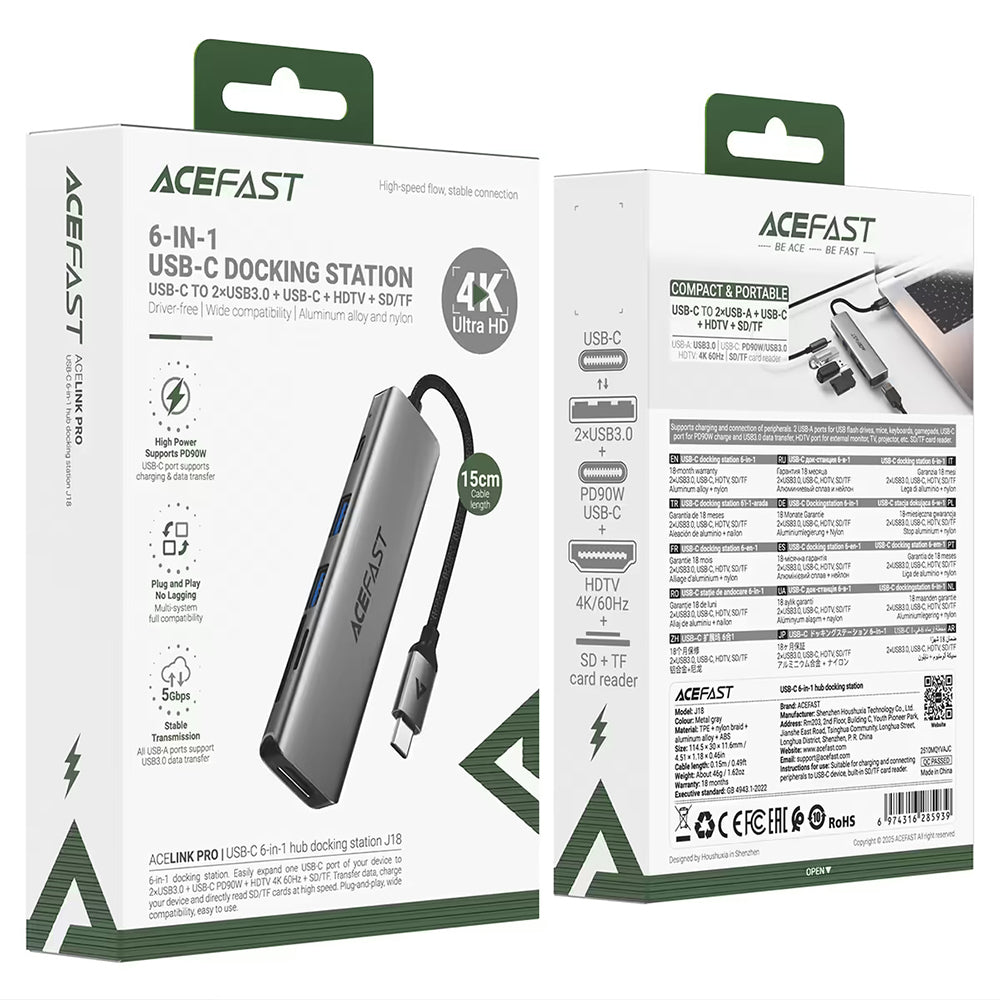 Hub USB-C Acefast J18, 6 em 1, Cinzento