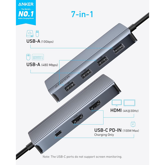 Hub USB-C Anker, 1 x USB-A 3.2 - 3 x USB-A - 1 x USB-C - 2 x HDMI, Cinzento A83740A2