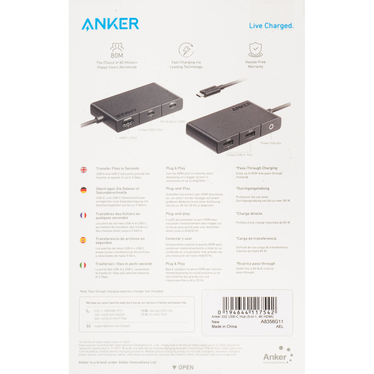 Hub USB-C Anker 332, 2 x USB-A - 2 x USB-C - 1 x HDMI, Preto A8356G11