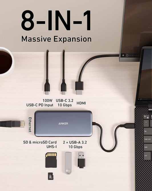 Hub USB-C Anker 555, 2 x USB-A 3.2 - 2 x USB-C - 1 x HDMI - 1 x RJ45 - 1 x SD - 1 x microSD, Cinzento A83830A2
