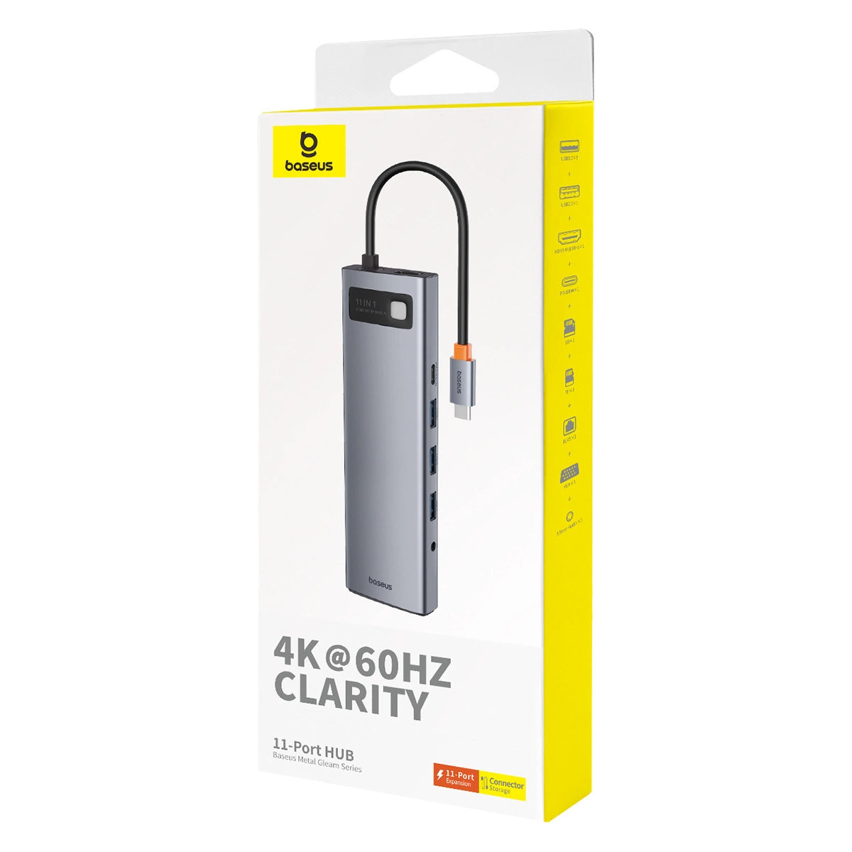 Hub USB-C Baseus Metal Gleam, 3 x USB-A 3.0 - 1 x USB-A - 1 x USB-C - 1 x HDMI - 1 x VGA - 1 x Jack 3.5mm - 1 x RJ45 - 1 x SD - 1 x microSD, Cinzento