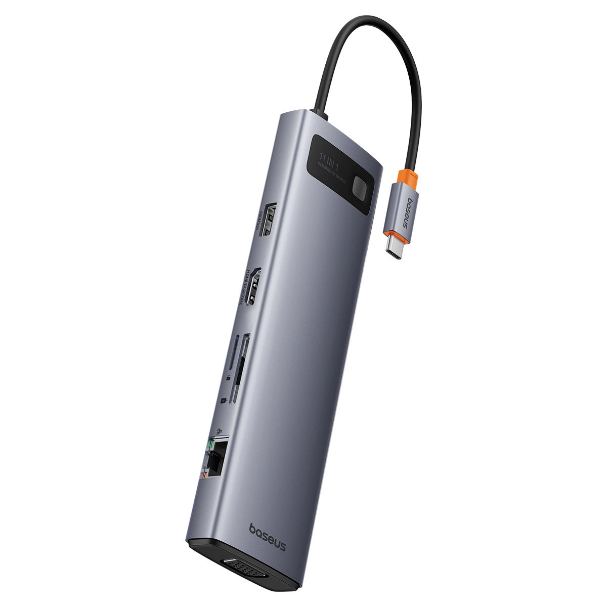 Hub USB-C Baseus Metal Gleam, 3 x USB-A 3.0 - 1 x USB-A - 1 x USB-C - 1 x HDMI - 1 x VGA - 1 x Jack 3.5mm - 1 x RJ45 - 1 x SD - 1 x microSD, Cinzento