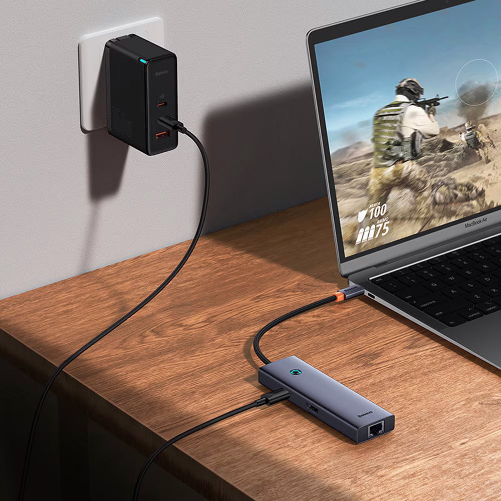 Hub USB-C Baseus UltraJoy, 3 x USB-A 3.0 - 1 x USB-C - 1 x HDMI - 1 x RJ45, Cinzento B00052807813-00