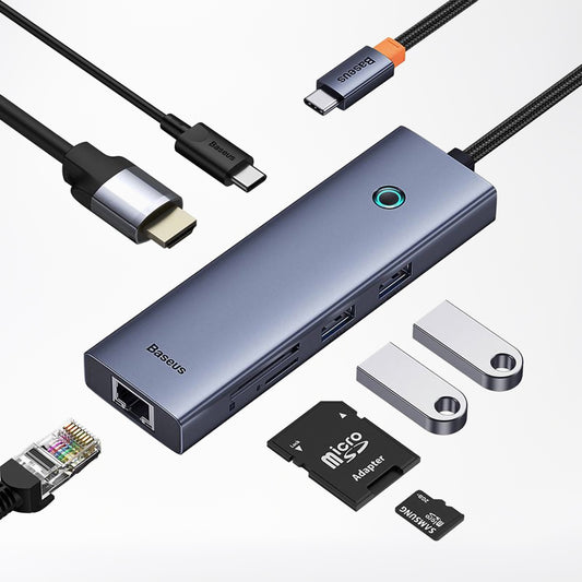 Hub USB-C Baseus UltraJoy, 2 x USB-A 3.0 - 1 x USB-C - 1 x HDMI - 1 x RJ45 - 1 x SD - 1 x microSD, Cinzento B00052805813-00