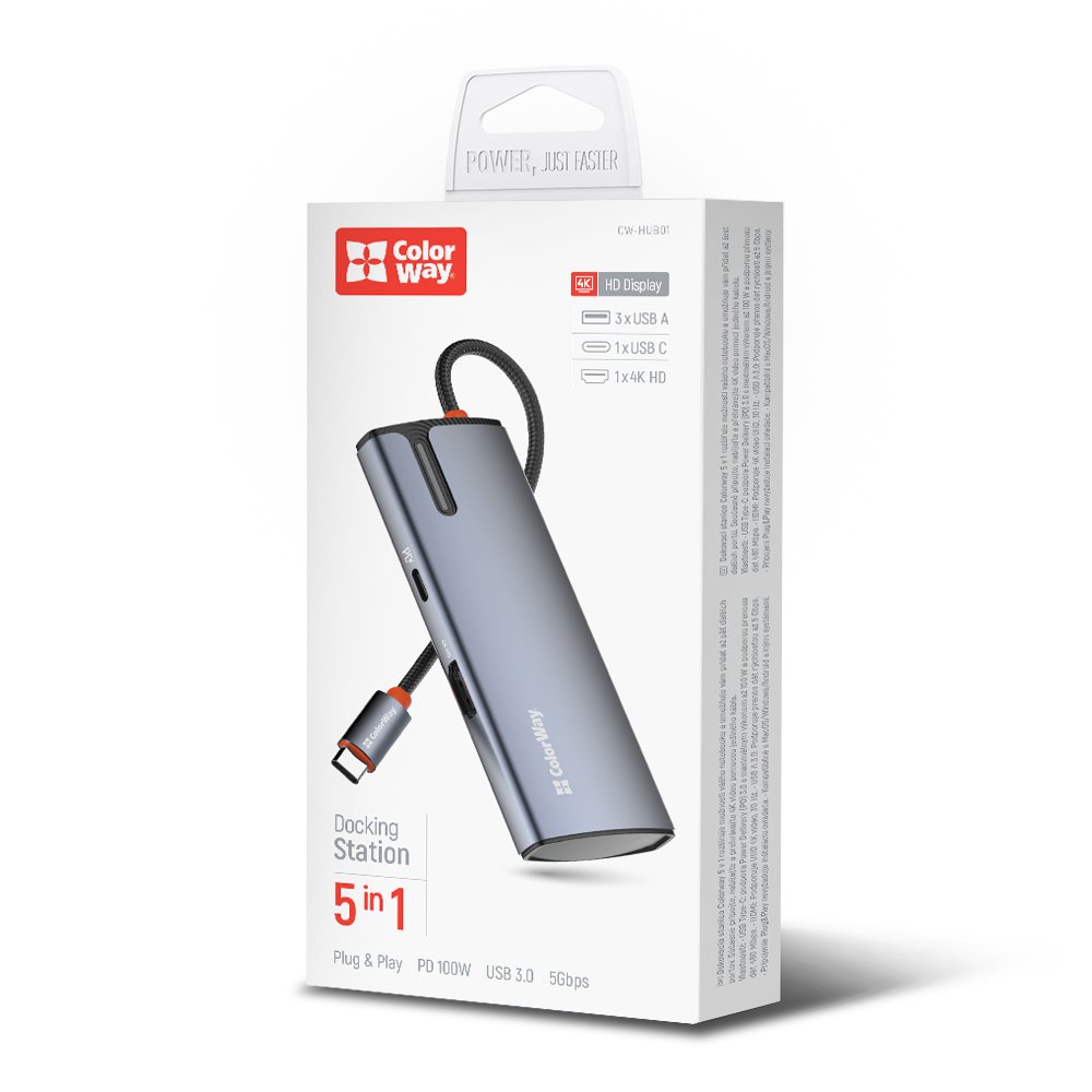 Hub USB-C ColorWay CW-HUB01, 5 em 1, Prateado
