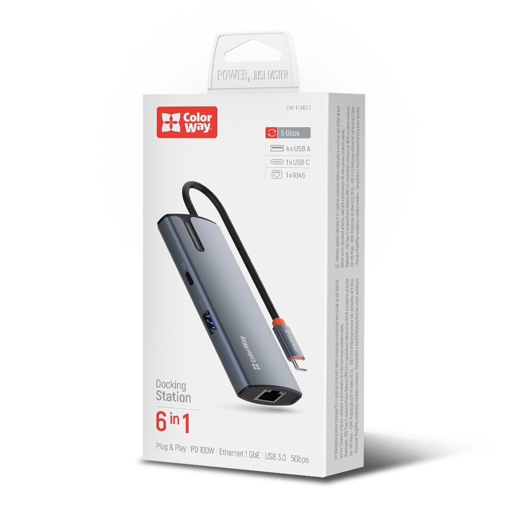 Hub USB-C ColorWay CW-HUB03, 6em1, Prateado