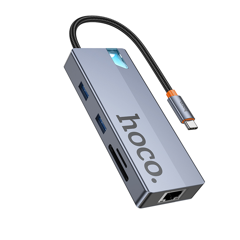 Hub USB-C HOCO HB52, 2 x USB-A 3.0 - 2 x USB-C - 1 x HDMI - 1 x RJ45 - 1 x SD - 1 x microSD, Cinzento