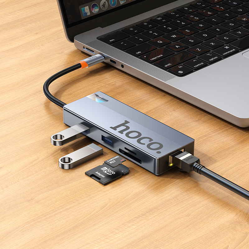 Hub USB-C HOCO HB52, 2 x USB-A 3.0 - 2 x USB-C - 1 x HDMI - 1 x RJ45 - 1 x SD - 1 x microSD, Cinzento