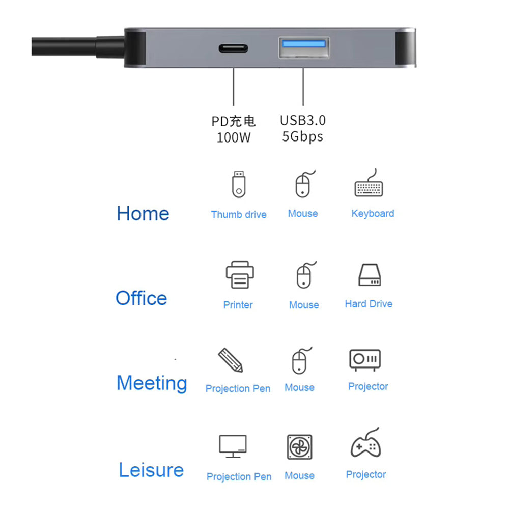 Hub USB-C Techsuit H4 TurboChargeX, 3 em 1, Cinzento