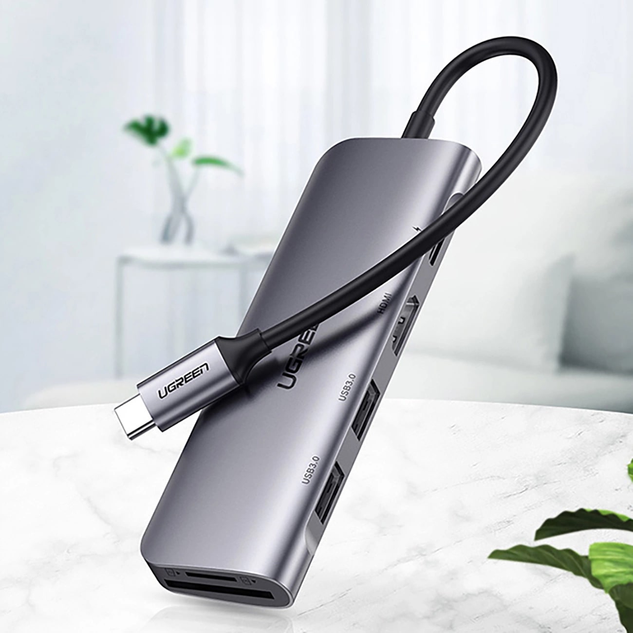 Hub USB-C UGREEN CM195 (15214), 2 x USB-A 3.0 - 1 x USB-C - 1 x HDMI - 1 x SD - 1 x microSD, Cinzento