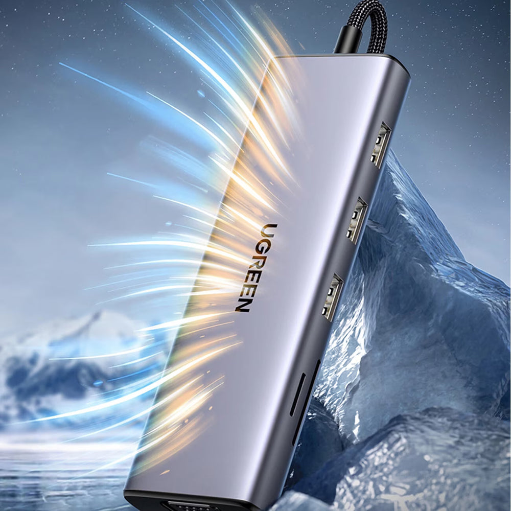 Hub USB-C UGREEN CM498 (15600), 3 x USB-A 3.0 - 1 x USB-C - 1 x HDMI - 1 x VGA - 1 x RJ45 - 1 x SD - 1 x microSD, Cinzento