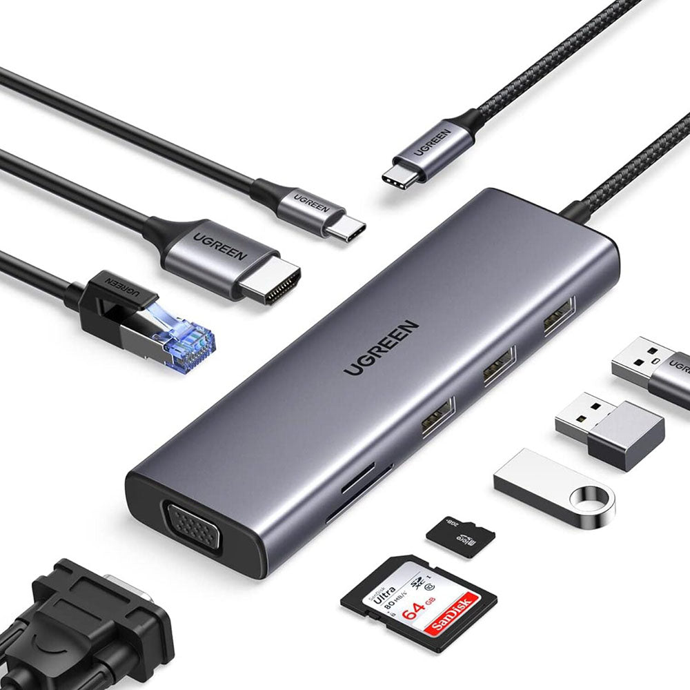Hub USB-C UGREEN CM498 (15600), 3 x USB-A 3.0 - 1 x USB-C - 1 x HDMI - 1 x VGA - 1 x RJ45 - 1 x SD - 1 x microSD, Cinzento