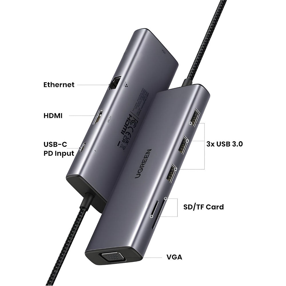 Hub USB-C UGREEN CM498 (15600), 3 x USB-A 3.0 - 1 x USB-C - 1 x HDMI - 1 x VGA - 1 x RJ45 - 1 x SD - 1 x microSD, Cinzento