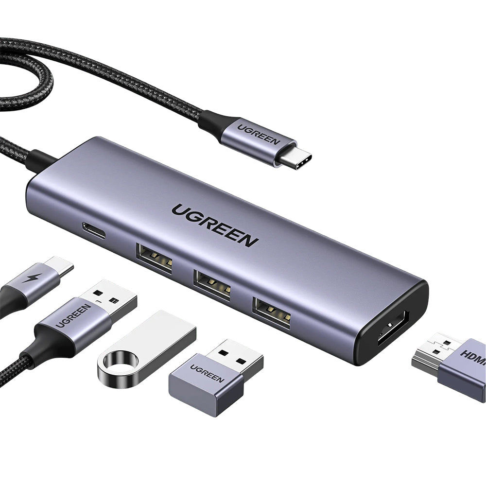 Hub USB-C UGREEN CM511 (15596), 3 x USB-A 3.0 - 1 x USB-C - 1 x HDMI, Cinzento