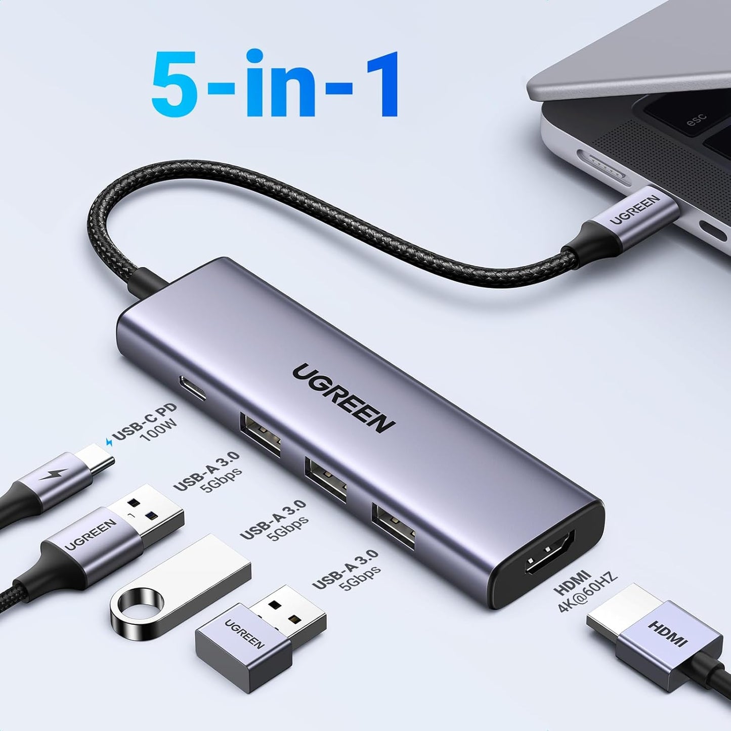 Hub USB-C UGREEN CM511, 3 x USB-A 3.0 - 1 x USB-C - 1 x HDMI, Cinzento