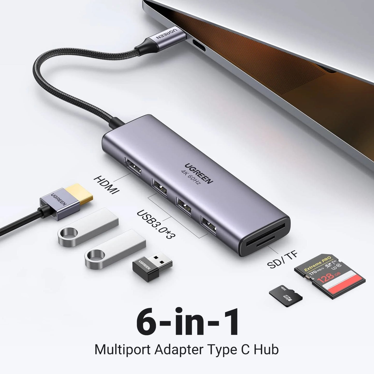 Hub USB-C UGREEN CM511 (60383), 3 x USB-A 3.2 - 1 x HDMI - 1 x SD - 1 x microSD, Cinzento