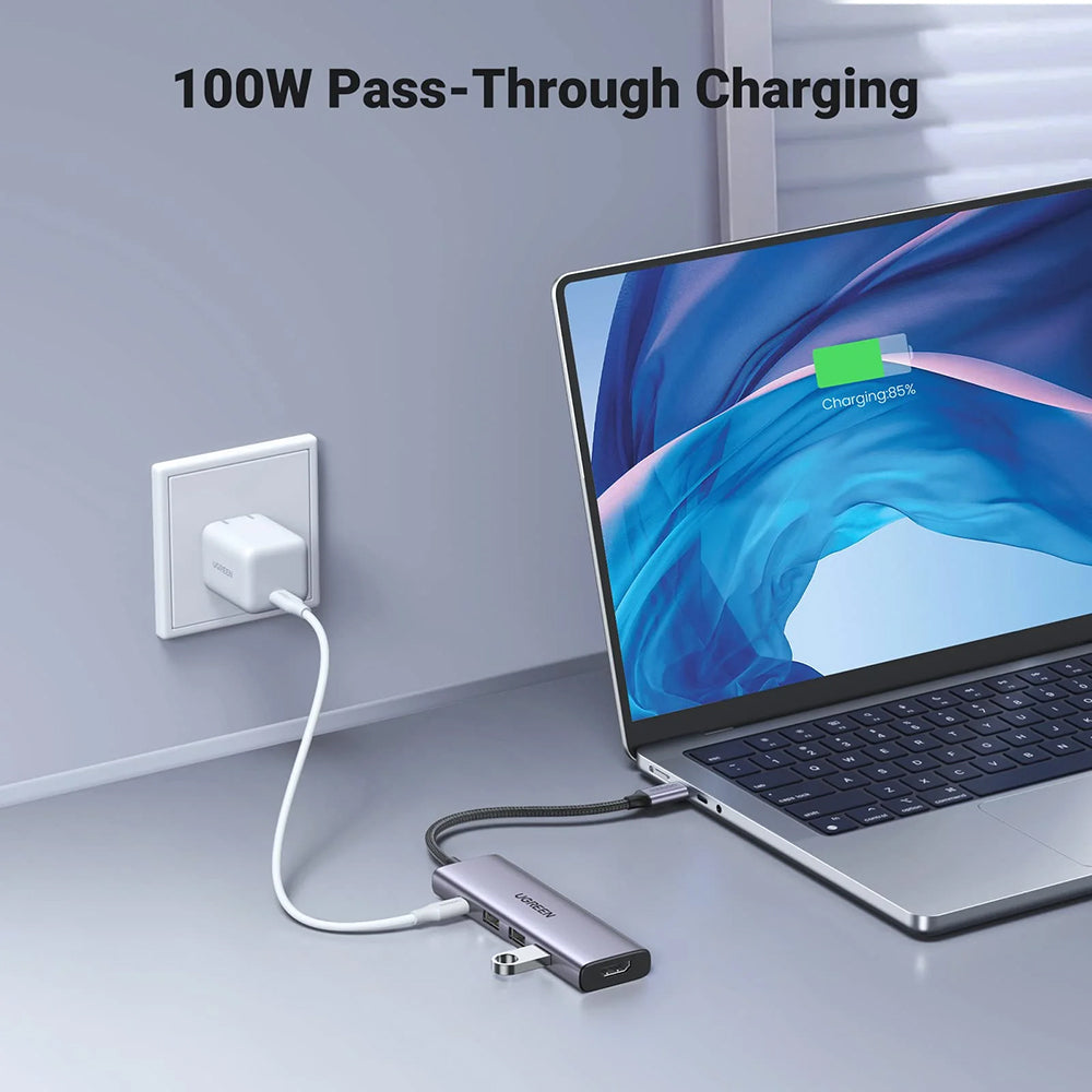 Hub USB-C UGREEN CM511 (15596), 3 x USB-A 3.0 - 1 x USB-C - 1 x HDMI, Cinzento
