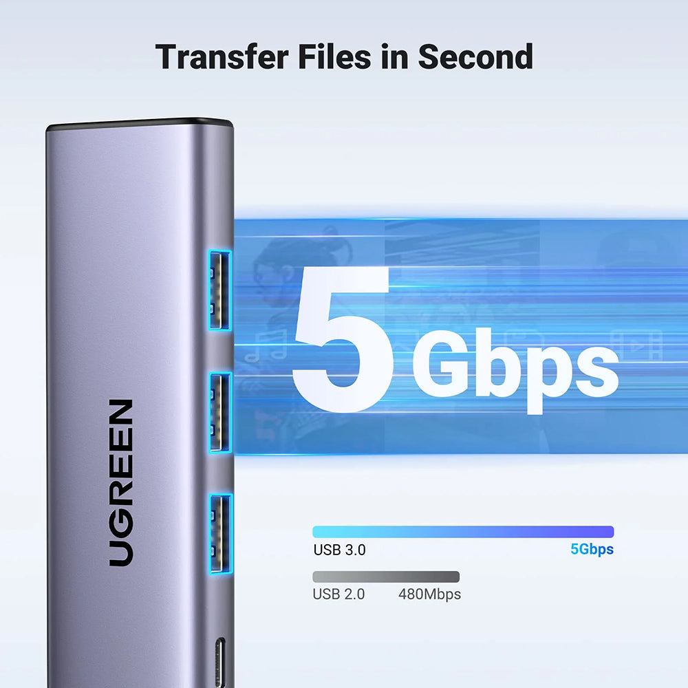 Hub USB-C UGREEN CM511 (15596), 3 x USB-A 3.0 - 1 x USB-C - 1 x HDMI, Cinzento