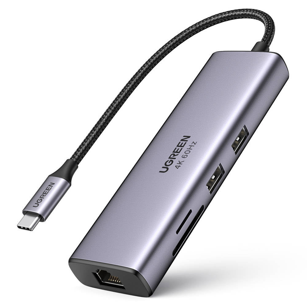 Hub USB-C UGREEN CM512 (60515), 2 x USB-A 3.0 - 1 x USB-C - 1 x HDMI - 1 x SD - 1 x microSD - 1 x RJ45, Cinzento