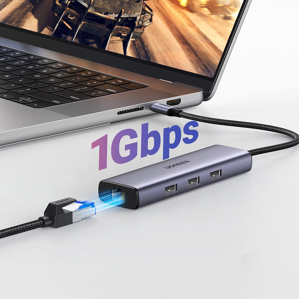 Hub USB-C UGREEN CM512 (15598), 3 x USB-A 3.0 - 1 x USB-C - 1 x HDMI - 1 x RJ45, Cinzento