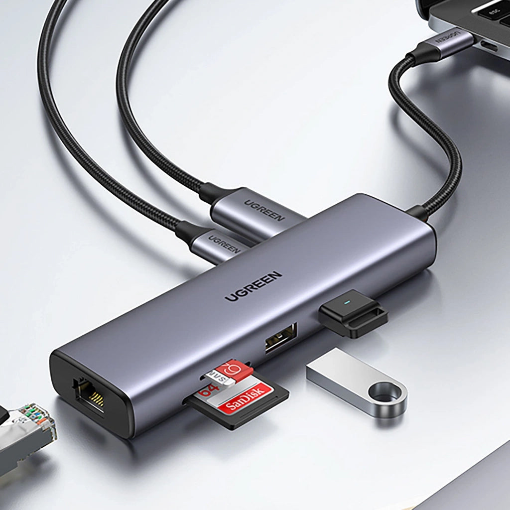 Hub USB-C UGREEN CM512 (90568), 2 x USB-A 3.0 - 1 x USB-C - 1 x HDMI - 1 x RJ45 - 1 x SD - 1 x microSD, Cinzento