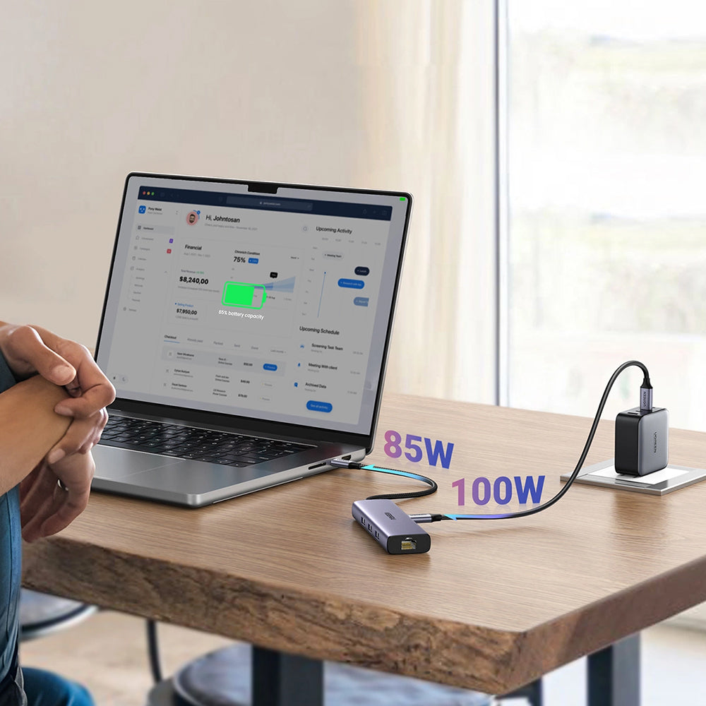 Hub USB-C UGREEN CM512 (15598), 3 x USB-A 3.0 - 1 x USB-C - 1 x HDMI - 1 x RJ45, Cinzento