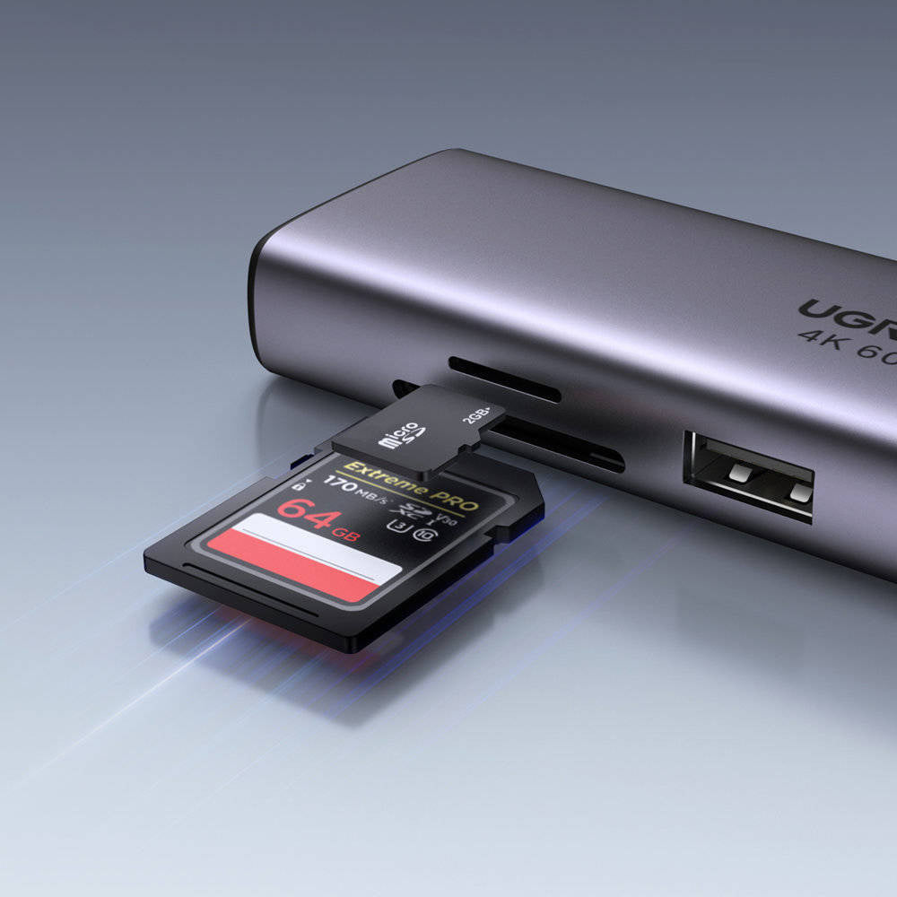 Hub USB-C UGREEN CM512 (60515), 2 x USB-A 3.0 - 1 x USB-C - 1 x HDMI - 1 x SD - 1 x microSD - 1 x RJ45, Cinzento