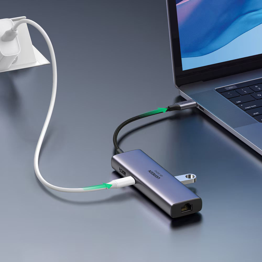 Hub USB-C UGREEN CM512 (60515), 2 x USB-A 3.0 - 1 x USB-C - 1 x HDMI - 1 x SD - 1 x microSD - 1 x RJ45, Cinzento
