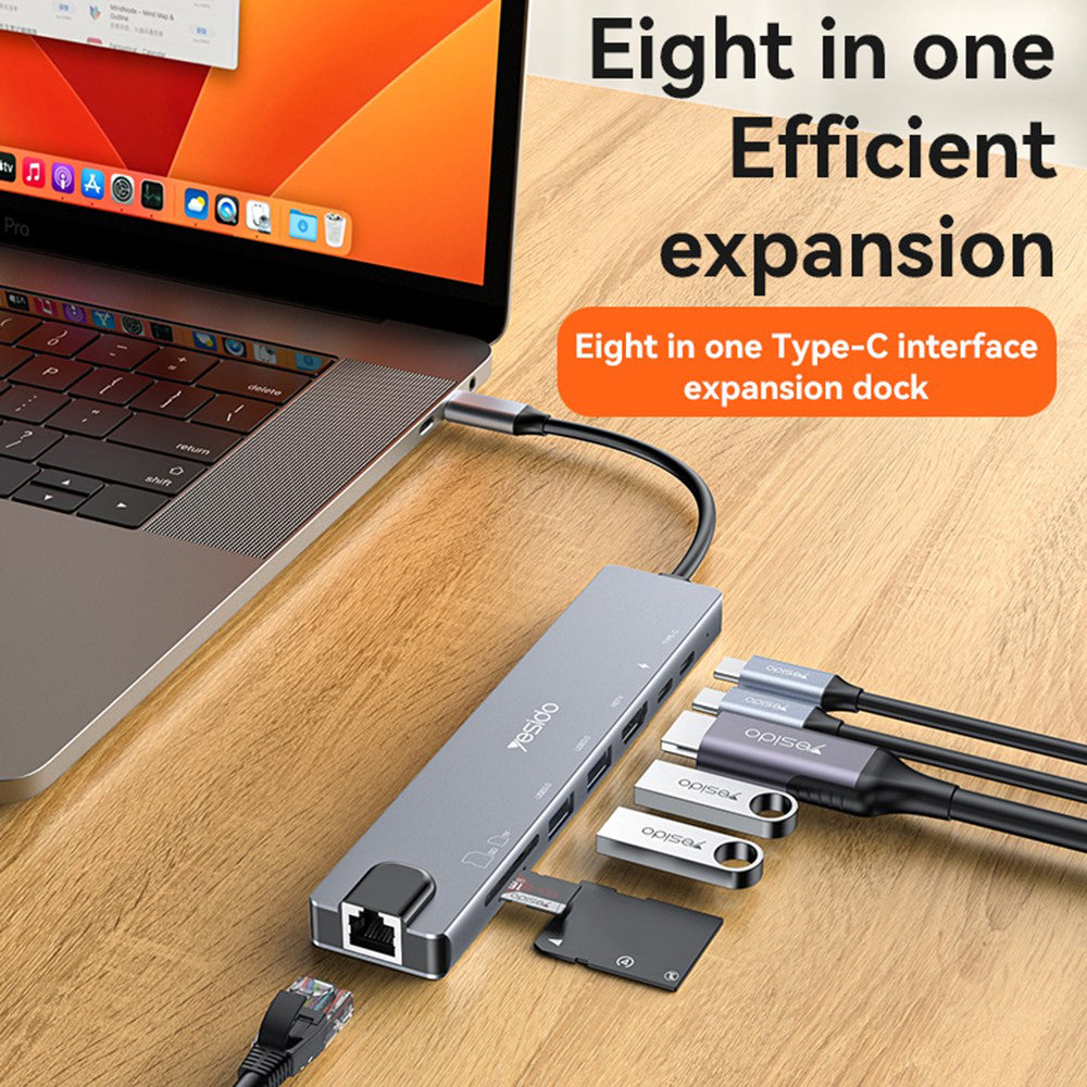 Hub USB-C Yesido HB27, 8 em 1, Cinzento